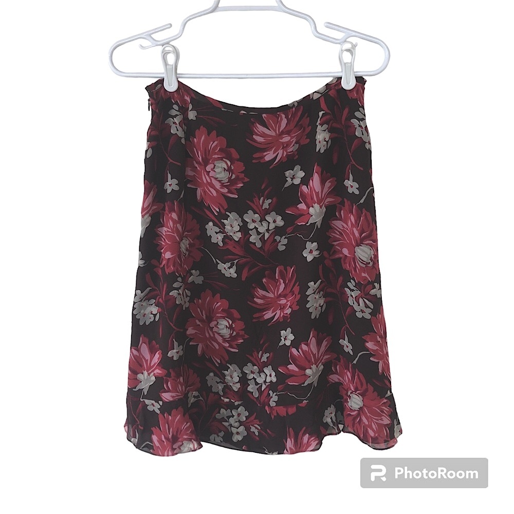 ANN TAYLOR Brown, Rose Pink Floral Silk Midi Skirt - Picture 4 of 11